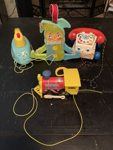 4 Vintage Fisher Price 1960’s Preschool Pull Toy Play Lot - Train, Phone, Iron - Picture 1 of 19