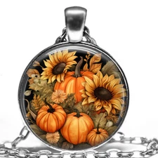 Fall Farm House Harvest Sunflowers Pumpkins Nostalgic Thanksgiving Necklace 24"