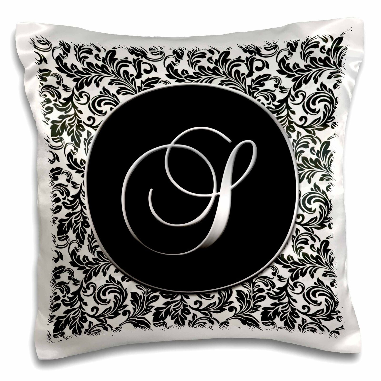 3dRose Letter S - Black and White Damask 16x16 inch Pillow Case