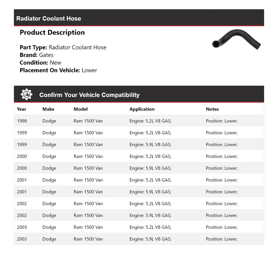 Manguera de refrigerante de radiador puertas inferiores para camioneta Dodge Ram 1500 1998-2003 1999 2000 Foto 2 de 4