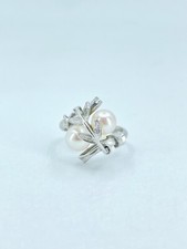 Leaf Akoya Cultured Saltwater Double Pearl Sterling Silver Ring Japan Sz 6 1/2