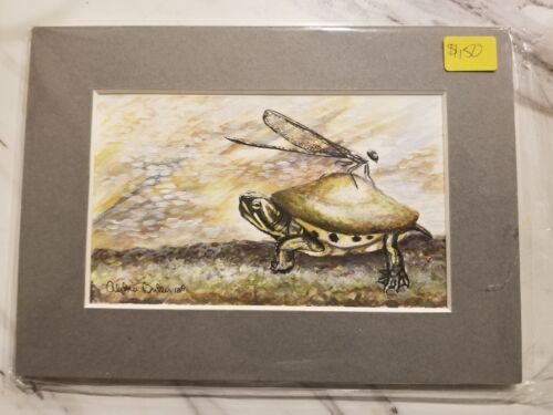 Baby Striped Turtle Original Acrylic Painting 5"x7" on Watercolor Paper  - Picture 1 of 2