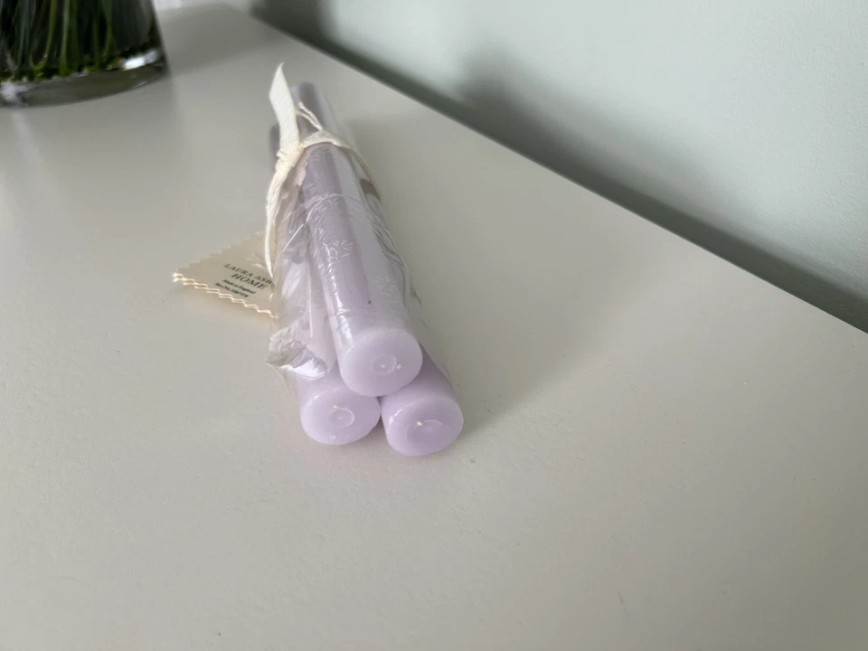 Laura Ashley Painted Foral Taper Dinner Candles, Dusty Lilac, Set of 3, NWT - Image 4 of 4