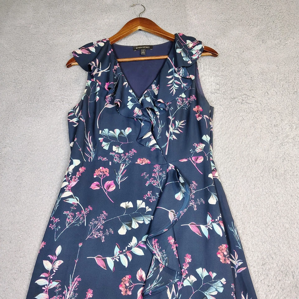Banana Republic Maxi Dress Women 4 Navy Floral Faux Wrap Ruffle High-Low Prairie - Image 3 of 4