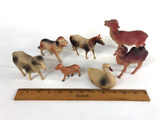7 Antique Vintage Celluloid Animals Swan Ram Camel Dog Horse