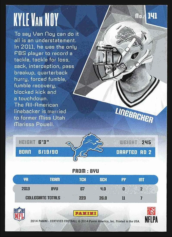 FB Kyle Van Noy 2014 Panini Certified Blue Rookie 65/99 Detroit Lions #141 - Image 2 of 2