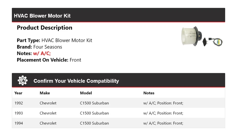 Kit de motor soplador delantero 4 estaciones para Chevrolet C1500 Suburban 1992-1994 HVAC Foto 2 de 3