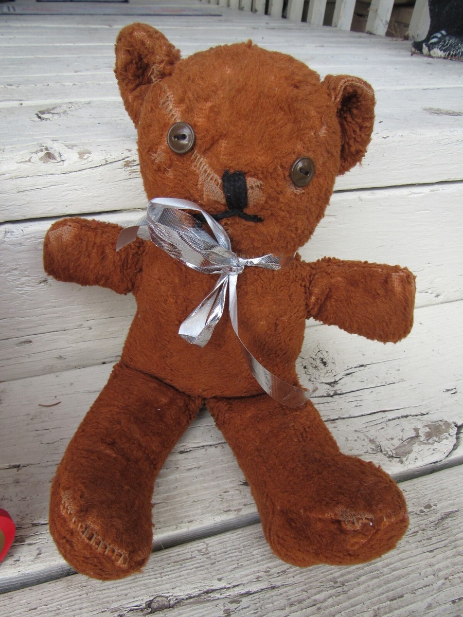 VINTAGE TEDDY BEAR RED BROWN PLUSH SEWING BUTTON EYES 195OS 60S