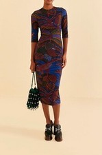 Farm Rio Black Midnight Island Short Sleeve Midi Dress Size Small Bodycon