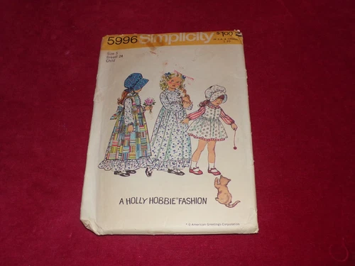 🦋 1973 SIMPLICITY #5996-GIRLS HOLLY HOBBIE DRESS-PINAFORE-BONNET PATTERN 2-5 FF
