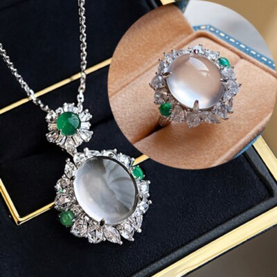 2pc Hemisphere Natural Gray Agate Gemstone Fashion Women Necklace Pendant Ring