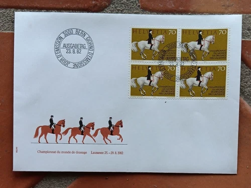 Switzerland HORSES DRESSAGE  STAMP BLOCK FDC 1982  UNADDR