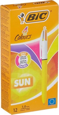 BIC 4 Colours Sun Ballpoint Pens - Box of 12 Purple Pink Yellow Orange Colors