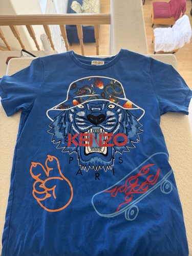 KENZO Kids Boys Blue Tiger Skateboard Graphic T-Shirt Tee Size 12 Designer