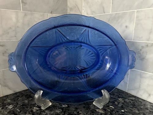 Hazel Atlas Royal Lace Cobalt Blue Oval Vegetable Bowl 11" Depression Glass READ