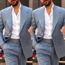 Striped Men Suits Wide Peak Lapel Business 2Pcs Blue Offical Jacket Tuxedo