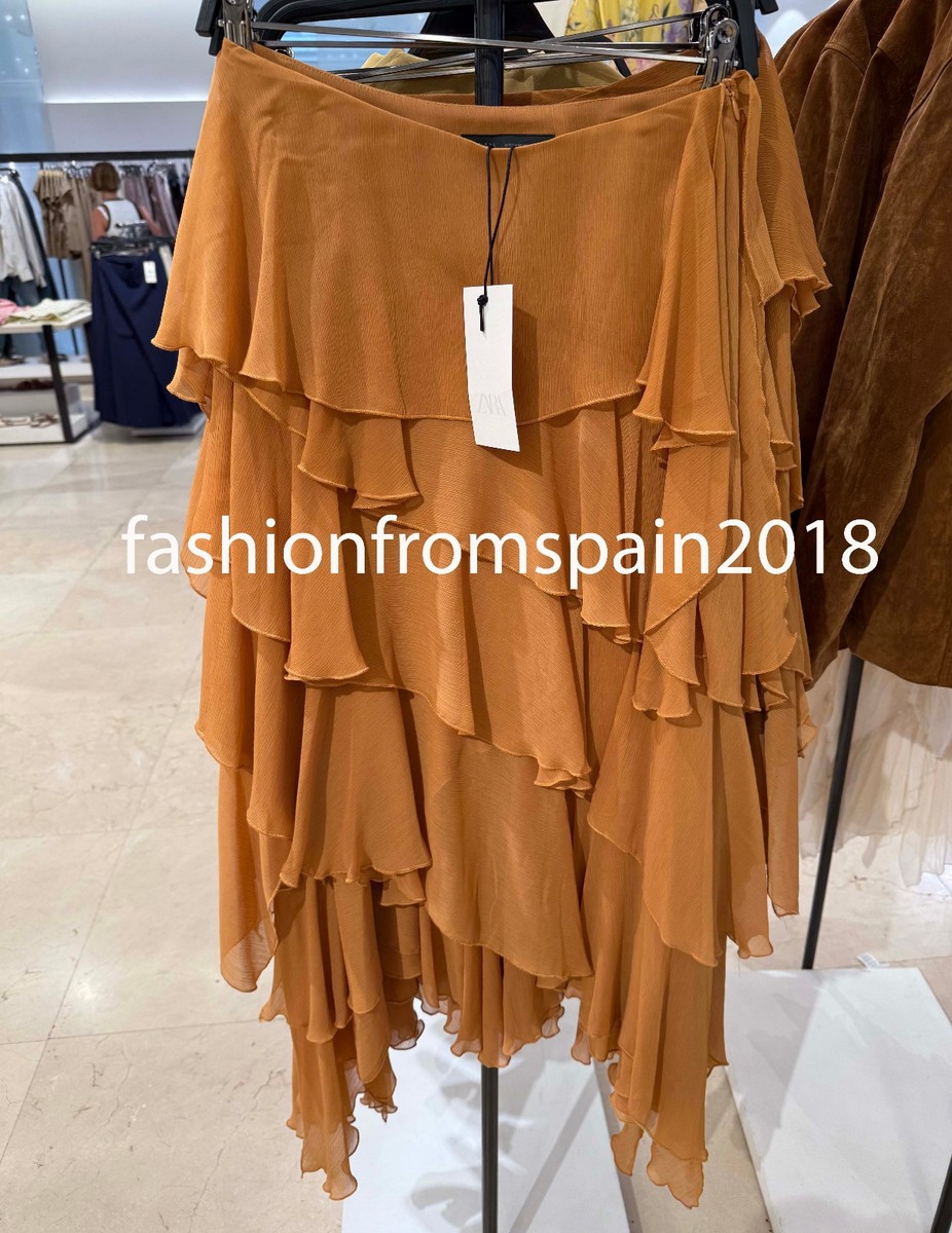 ZARA NEW WOMAN MID-RISE ZW ASYMMETRIC RUFFLED MIDI SKIRT