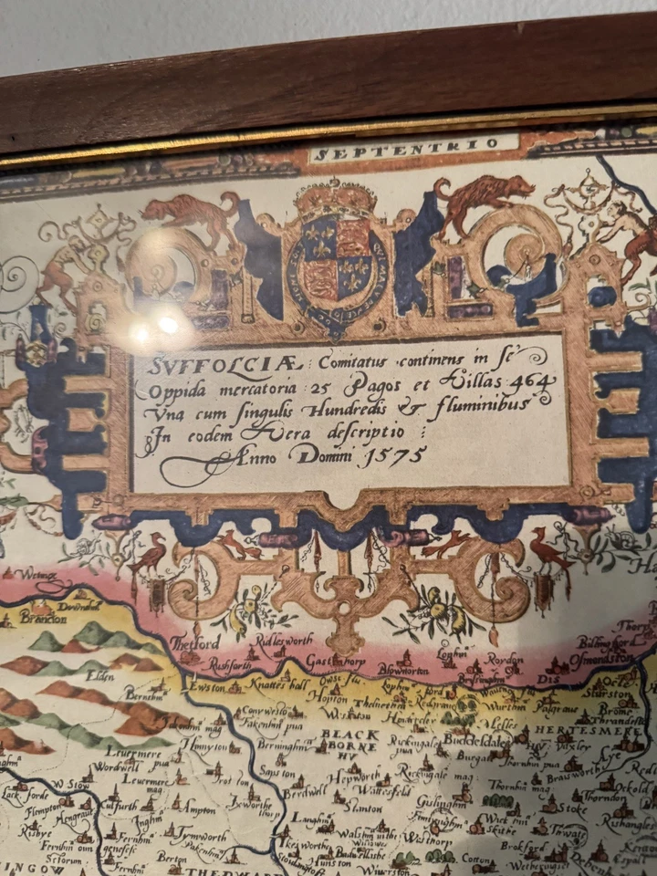 Vintage 1960s Framed Reproduction Map - Suffolk, England Christopher Saxton 1575 - Image 3 of 4