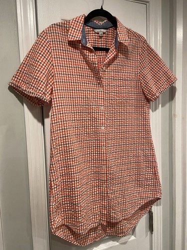 L.L. Bean Size M Red Orange Blue Short Sleeve Seersucker Button Down Mini Dress - Picture 5 of 10