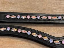 Leather Browband - Sewn In Glass Rhinestones - Light Rose Sapphire - 13-18”