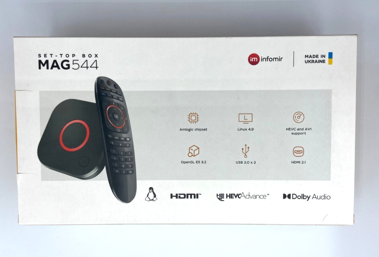 Décodeur IPTV MAG 544 Linux 4K avec processeur ARM Cortex-A53 et boîtier noir compact