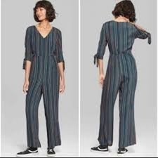 Wild Fable Striped V Neck Wide Leg Indie Flowy Jumpsuit Teal Multicolor