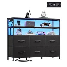 Black Dresser for Bedroom, 6 Drawer Dressers with LED Lights and Charging Sta