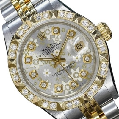 Rolex Datejust Two-one 14KY Gold Steel String Silver Floral Diamond Watch 26mm