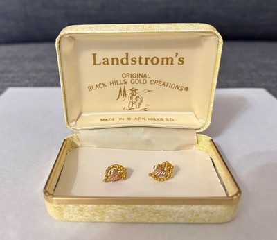 Vintage Landstroms Black Hills Gold Grape Leaf Stud Earrings 10K 12K Box & Paper