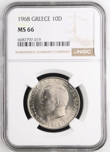 Greece 10 Drachmai 1968 NGC MS 66