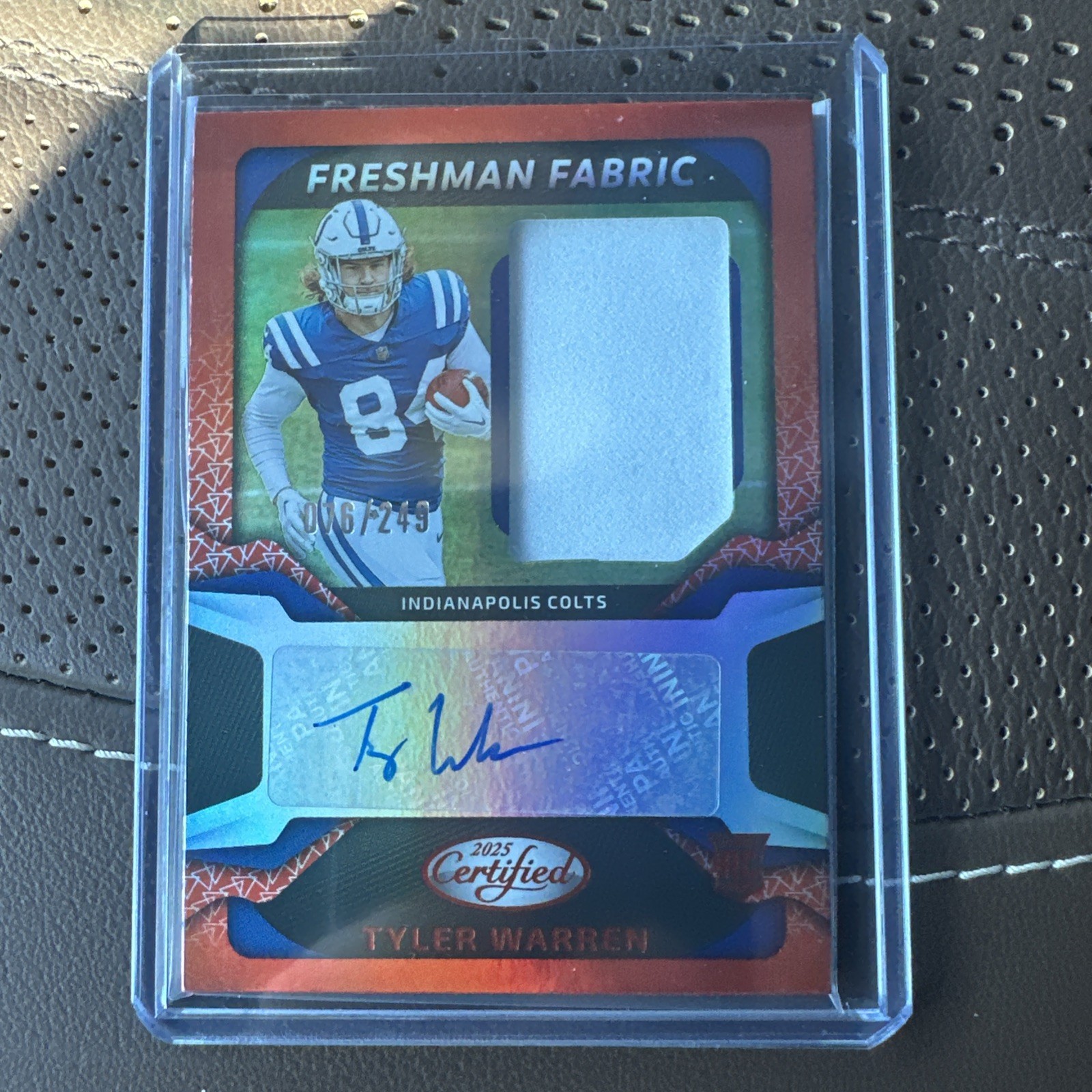 2025 Panini Certified Freshman Fabric Tyler Warren Orange Rookie Patch Auto /249