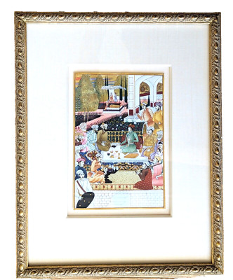 Indian Mughal Miniature Painting Dara Shikoh with Sages in Garden Gold Detail