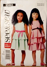 Butterick See & Sew B5443 Girls Dresses Sz 6-7-8 Sleeveless Mid-knee Ribbon Tie.
