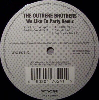 The Outhere Brothers We Like To Party (Remix) Vinyl Single 12inch Zyx