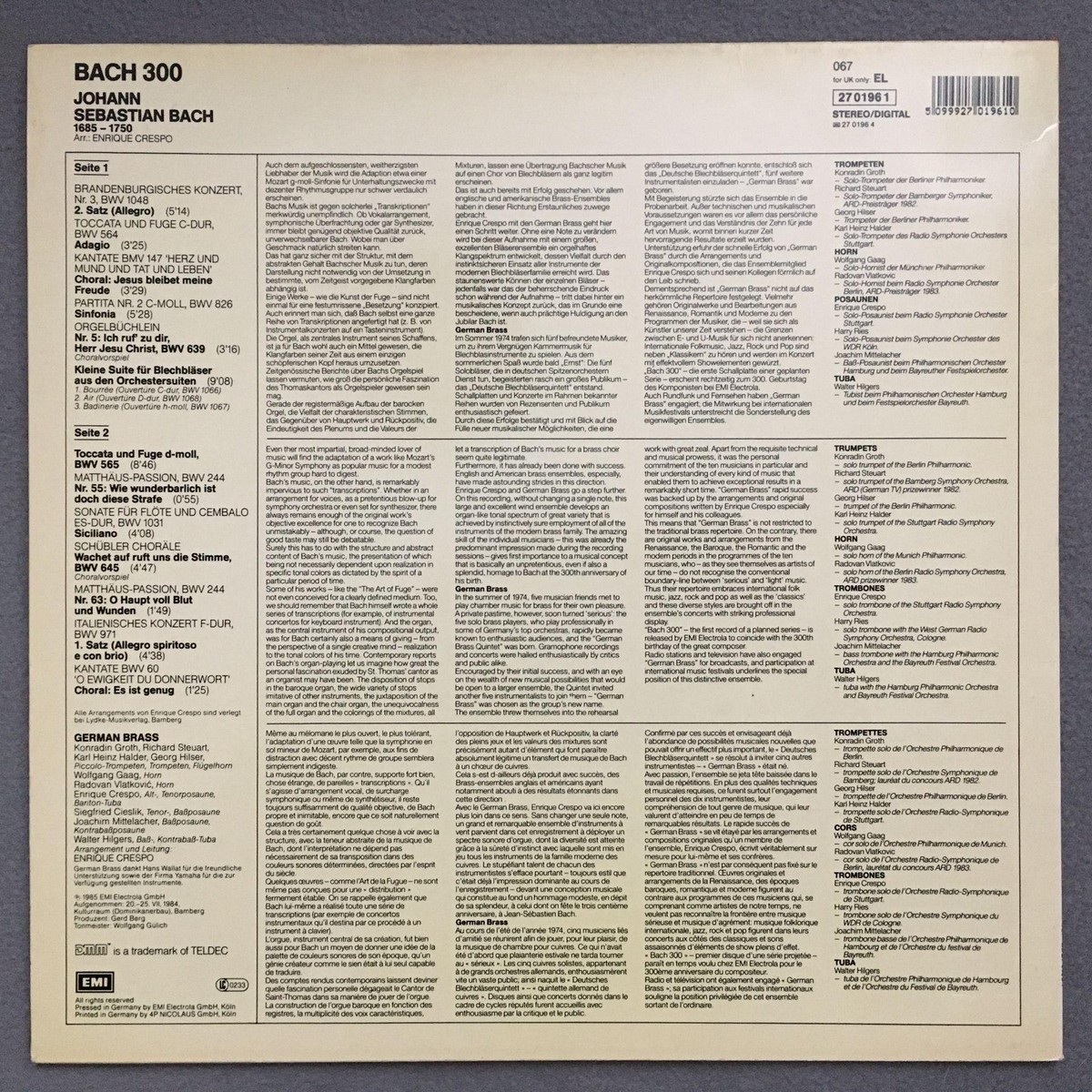 O970 Bach 300 German Brass Brandenburg Concerto EMI 067 27 0196 1