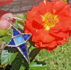 STERLING SILVER CROSS PENDANT MURANO GLASS ALAN K 2 3/4" L ROYAL BLUE DAISY RARE — photo 4
