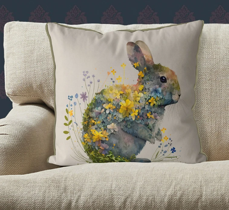 FABFUNKY LTD, Rabbit Springtime Floral Essence Pillow /Cushion Cover, 18" x 18"