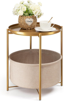 round Side Table with Fabric Storage Basket, Metal Side Small Bedside Table Nigh