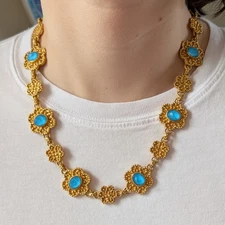 Julie Vos Colette Statement Necklace 24k Gold Plate w/Pacific Blue Cabochons 20"