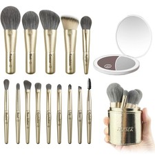 14 pcs Mini Makeup Brushes and Pocket Mirror, Travel Makeup Brush Set, LED Co...