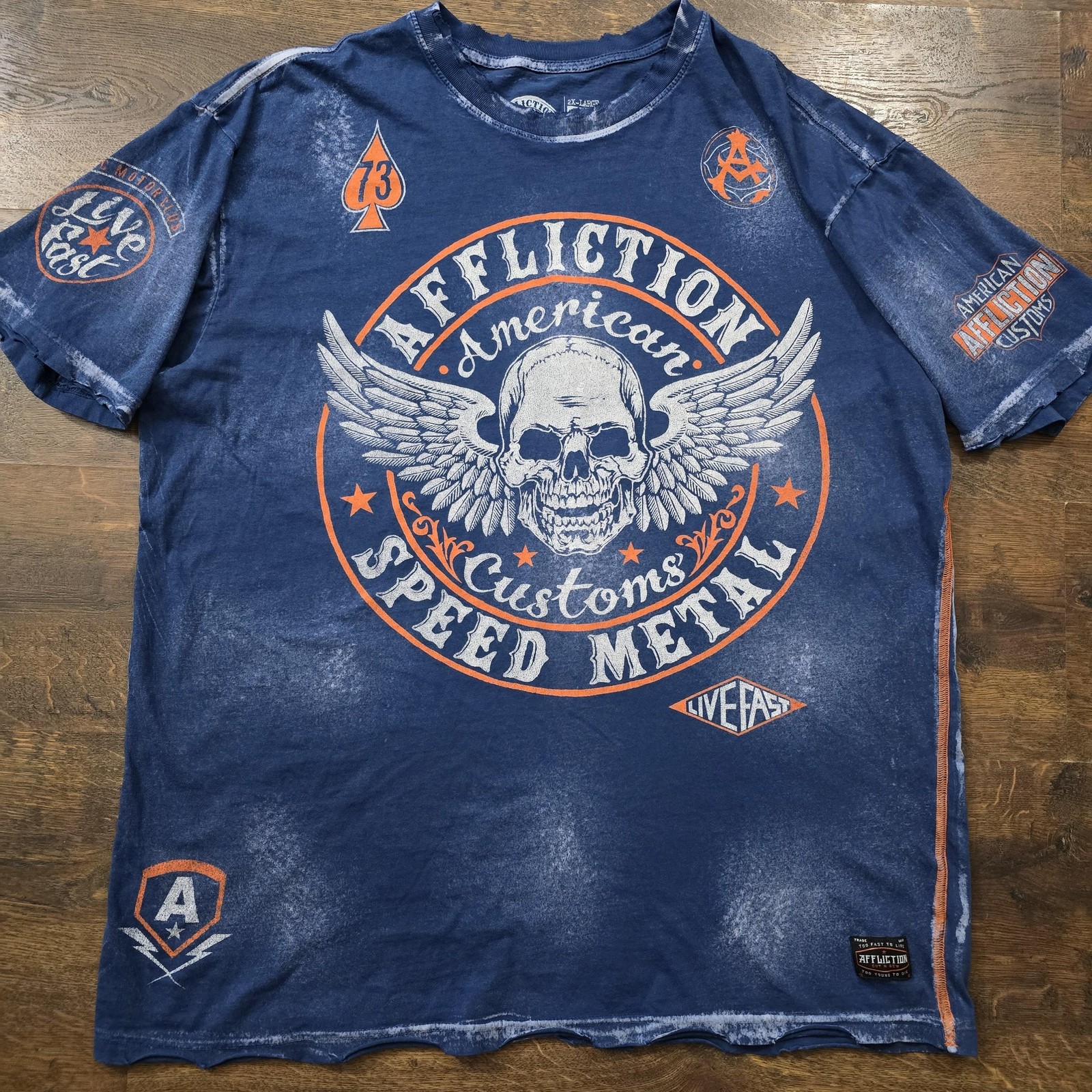 Affliction Shirt Mens 2XL Blue American Customs Speed Metal Live Fast Skull Tee