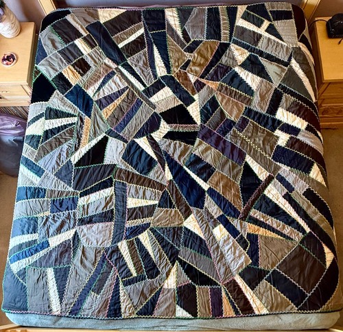 King-Size Quilt Bedspread 79"L X 76" W; Brown, Gray, Greens, & Black; Used