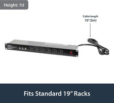 16-Outlet Horizontal 1U Rack Mount PDU Power StripSurge Protect 6' Cord 120V/15A