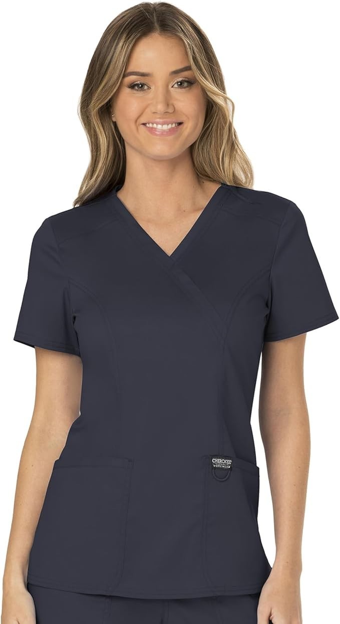 Cherokee Scrubs Top for Women Mock Wrap with 3 Pockets, Soft, 2-Way Stretch