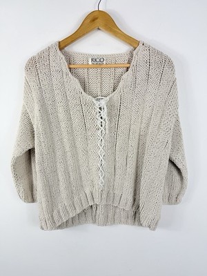 Rico Grobstrick Pullover mit Schnürung M L Creme Baumwolle Oversize Boho Cottagecore
