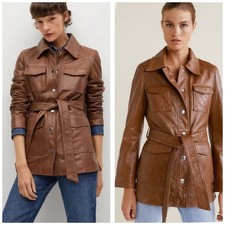 Mango Leather Utility Jacket Belted Brown Size Xs