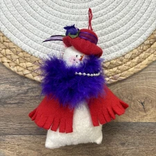 Red Hat Society Snow Lady Christmas Ornament Red Cape Hat & Purple Feather Boa