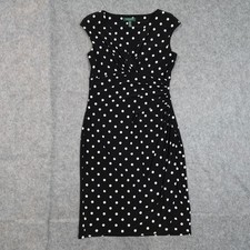 Ralph Lauren Dress Womens 8 Jersey Faux Wrap Sheath Polka Dot Midi Stretch