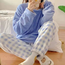 Fleece Thick Warm Women's Pajamas Set Winter Sleepwear Casual Solid Top and Plai