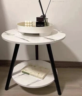 1/2 Tier Coffee Table Round Side Table White Marble Effect End Table Living Room